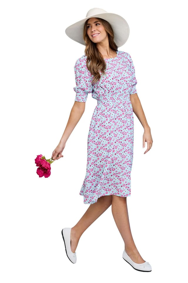 Amber Amber Women's Smock Cuff & Waist Print Viscose Dress in Light Blue - 3