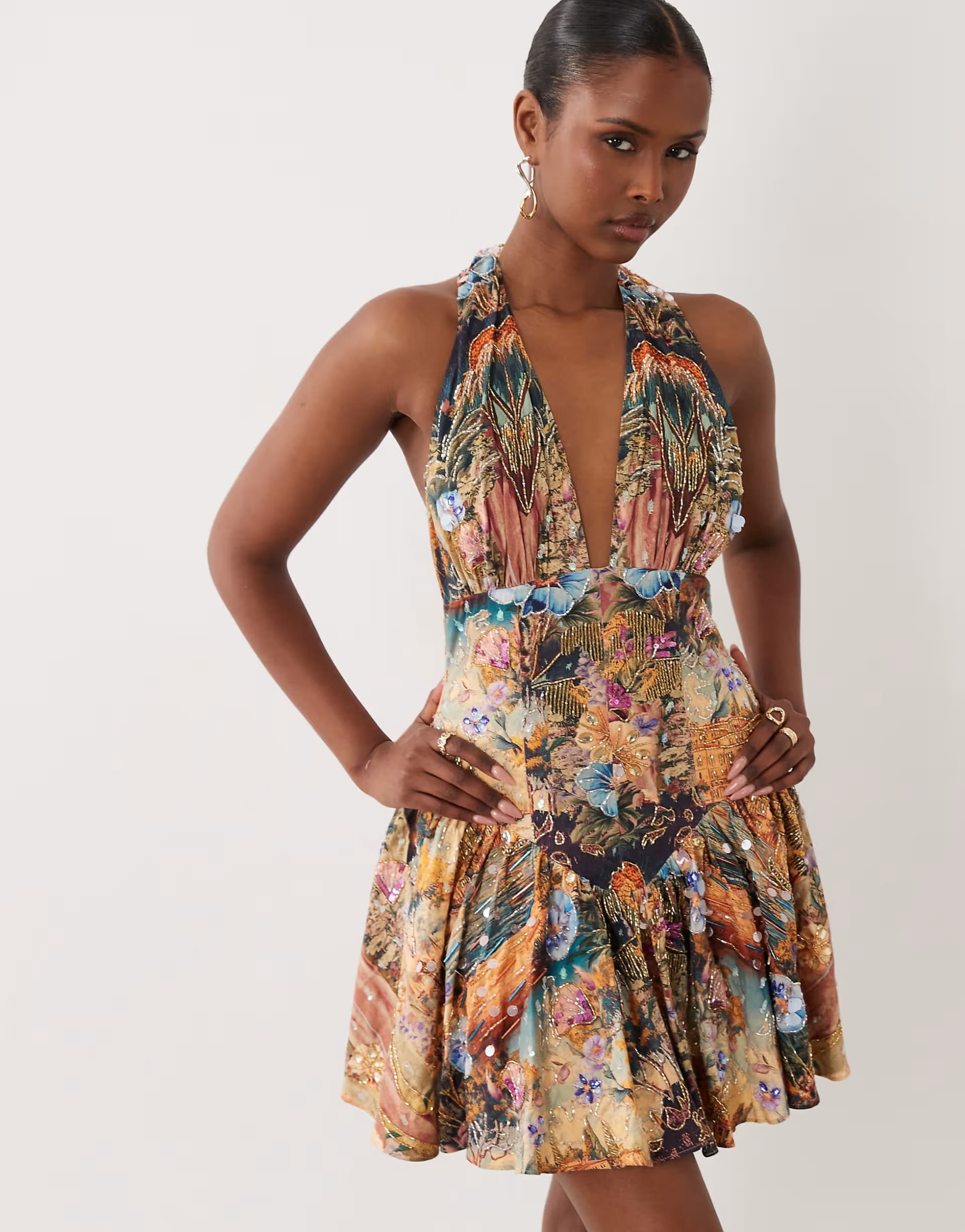 ASOS ASOS LUXE embellished halter neck mini dress in scenic print