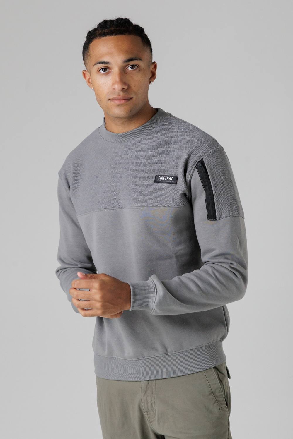 Firetrap Firetrap Men's Regular Fit Cotton Rich Crew Neck Sweatshirt with Sleeve Pocket in Grey - 3