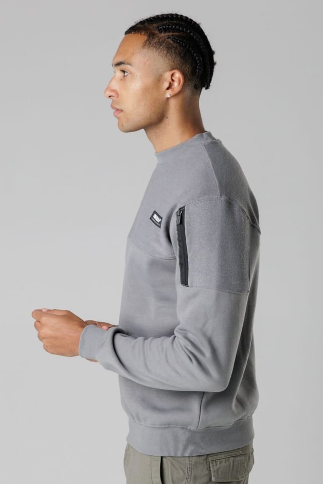 Firetrap Firetrap Men's Regular Fit Cotton Rich Crew Neck Sweatshirt with Sleeve Pocket in Grey - 3