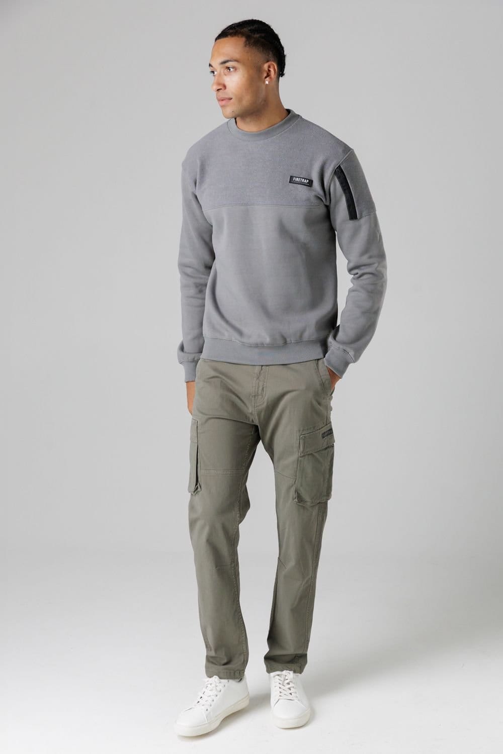 Firetrap Firetrap Men's Regular Fit Cotton Rich Crew Neck Sweatshirt with Sleeve Pocket in Grey - 4