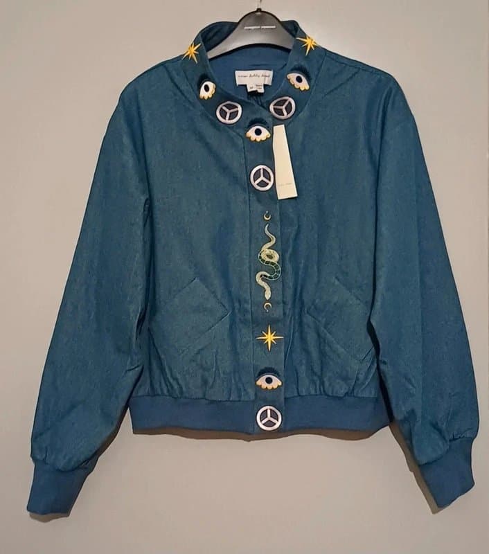 Never Fully Dressed Never Fully Dressed Blue Denim Astrid Bomber Jacket - size M/12