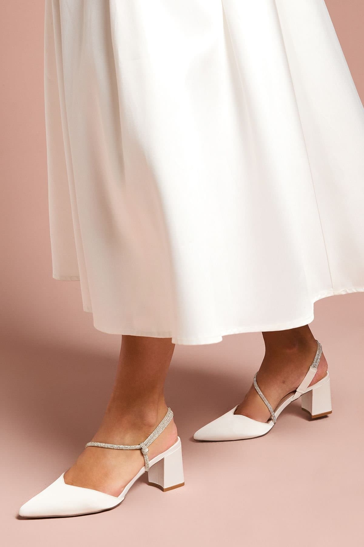 Coast Coast Women's Wide Fit Bridal Deyla Satin Diamante Asymmetric Strap High Block Heel Court Shoes in White