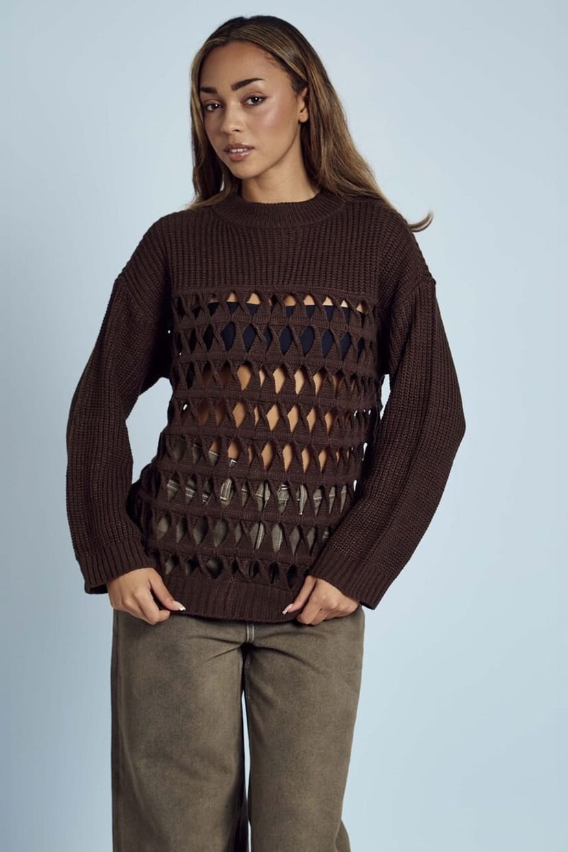 Native Youth Native Youth Women's Oversized Open-Knit Crew Neck Diamond Cut-Out Jumper in Brown - 1