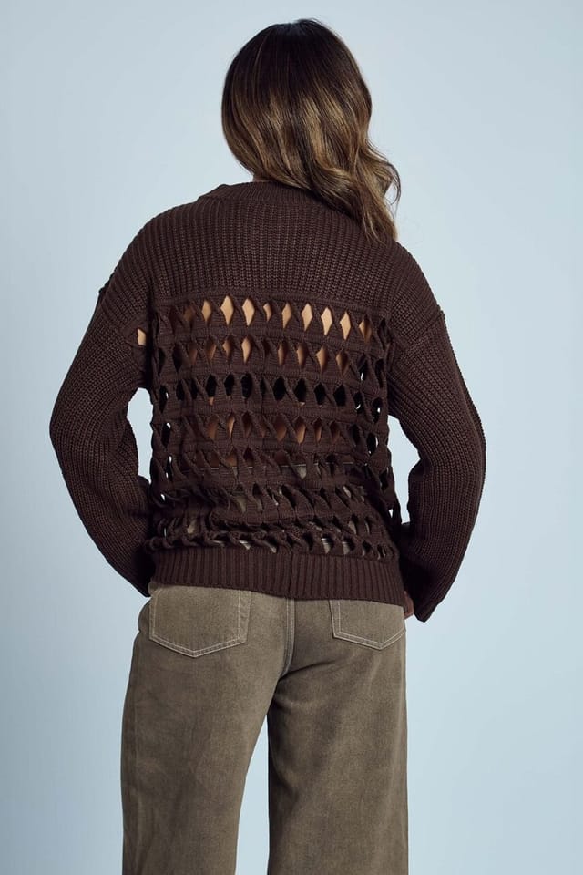 Native Youth Native Youth Women's Oversized Open-Knit Crew Neck Diamond Cut-Out Jumper in Brown - 2