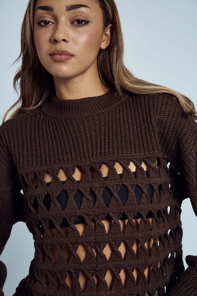Native Youth Native Youth Women's Oversized Open-Knit Crew Neck Diamond Cut-Out Jumper in Brown - 3