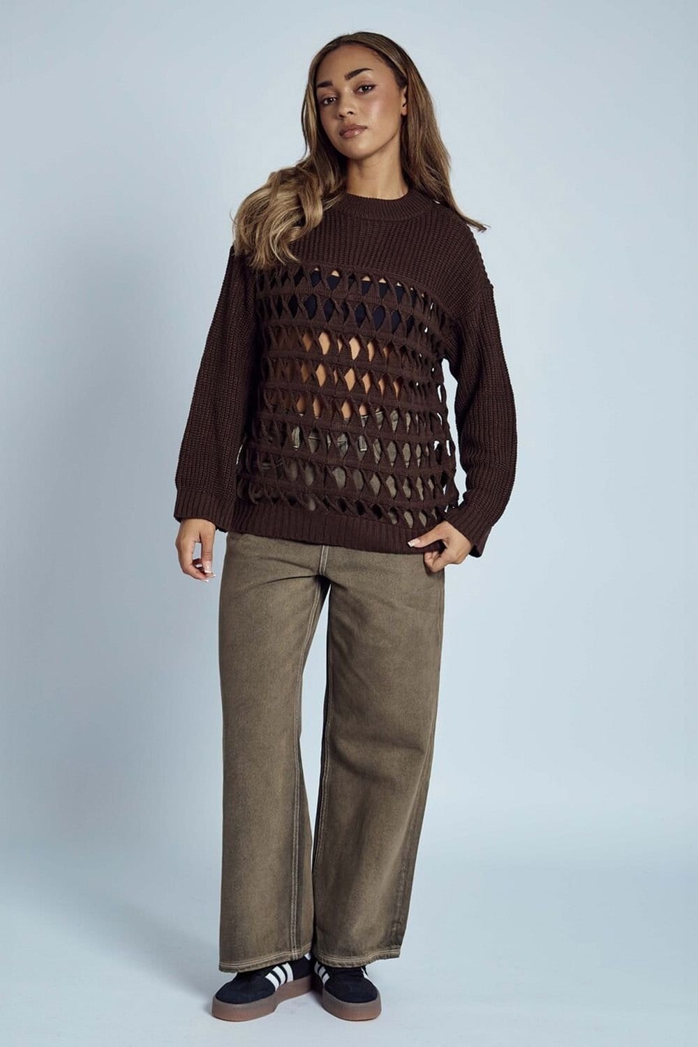 Native Youth Native Youth Women's Oversized Open-Knit Crew Neck Diamond Cut-Out Jumper in Brown - 4