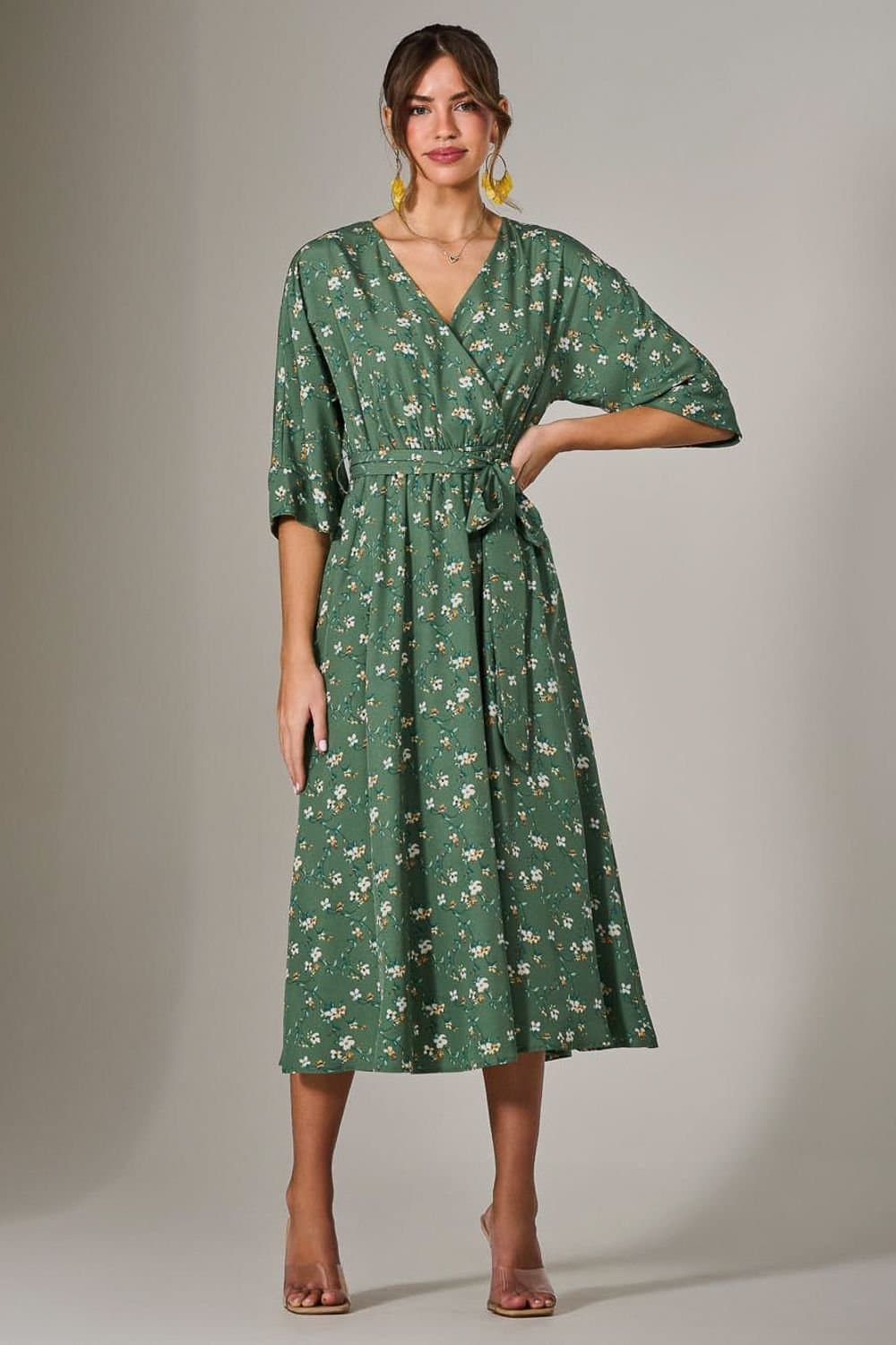 Jolie Moi Jolie Moi Women's Tie Front Half Sleeve Midi Dress in Bright Green