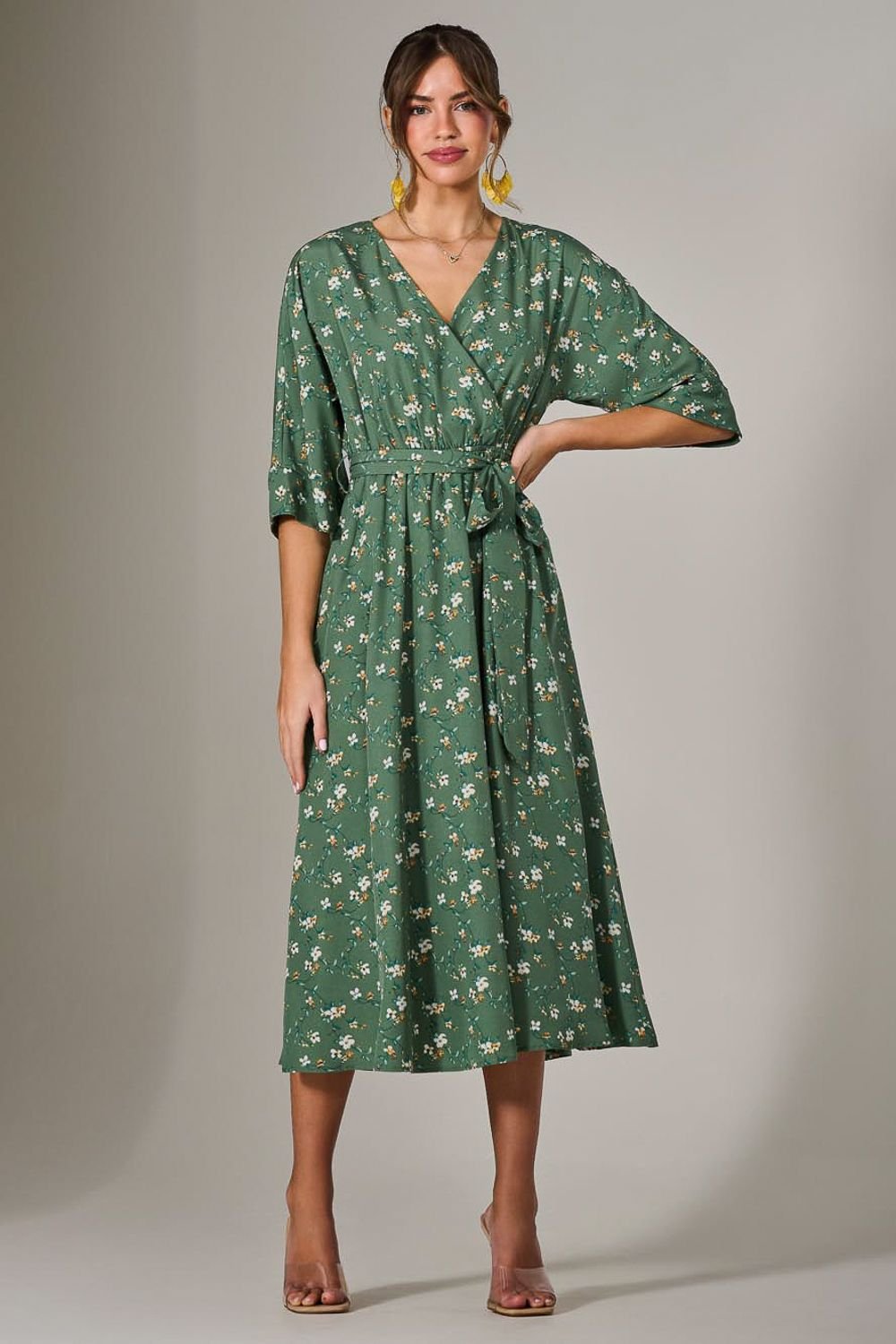 Jolie Moi Jolie Moi Women's Tie Front Half Sleeve Midi Dress in Bright Green - 2