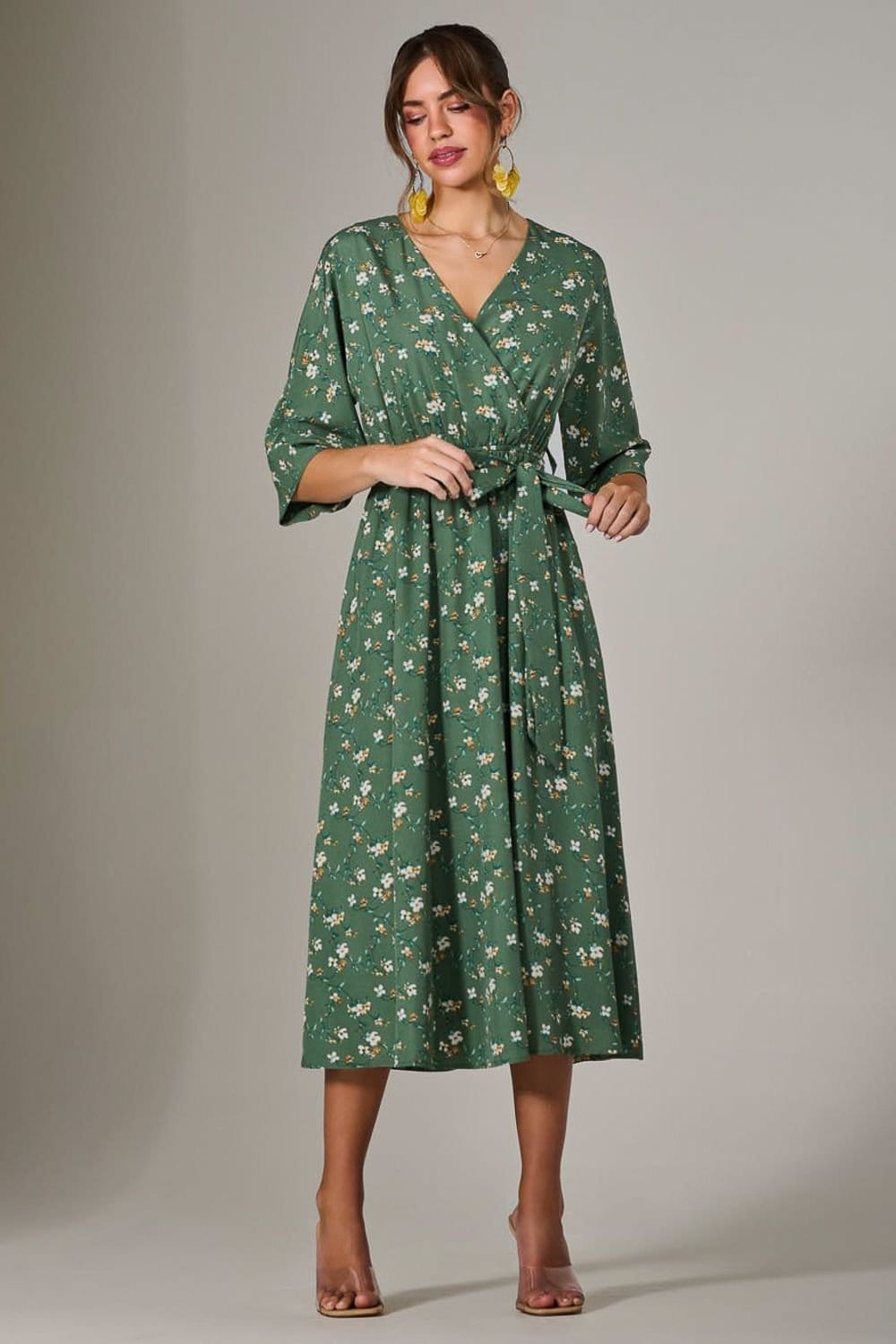 Jolie Moi Jolie Moi Women's Tie Front Half Sleeve Midi Dress in Bright Green - 4