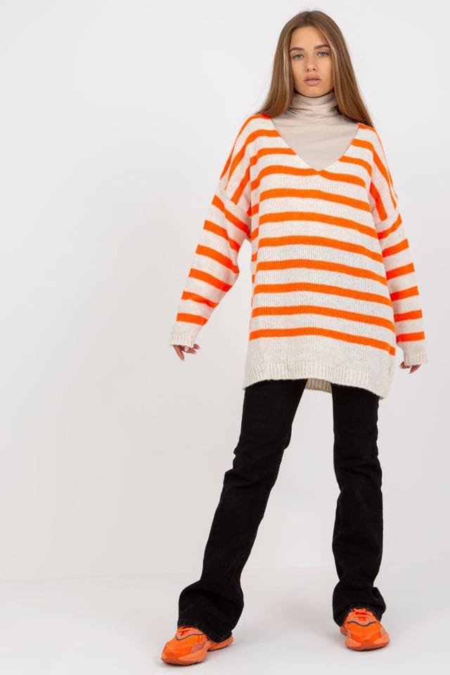 Love Lace Love Lace Women's Colorful Striped V Neck Long Sleeve Sweater Style 170993 in Orange - 2