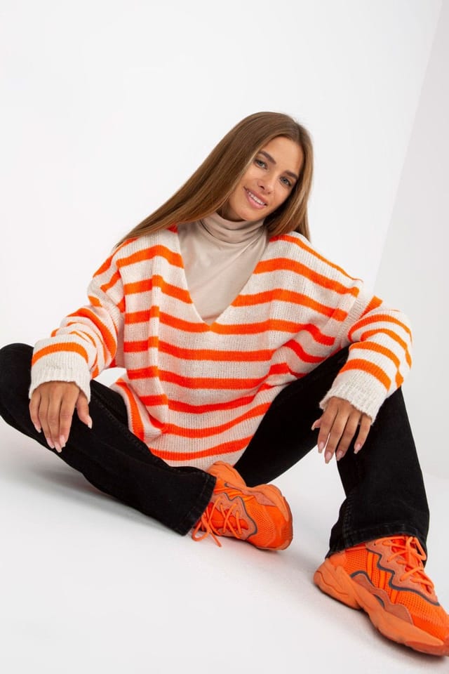 Love Lace Love Lace Women's Colorful Striped V Neck Long Sleeve Sweater Style 170993 in Orange - 3