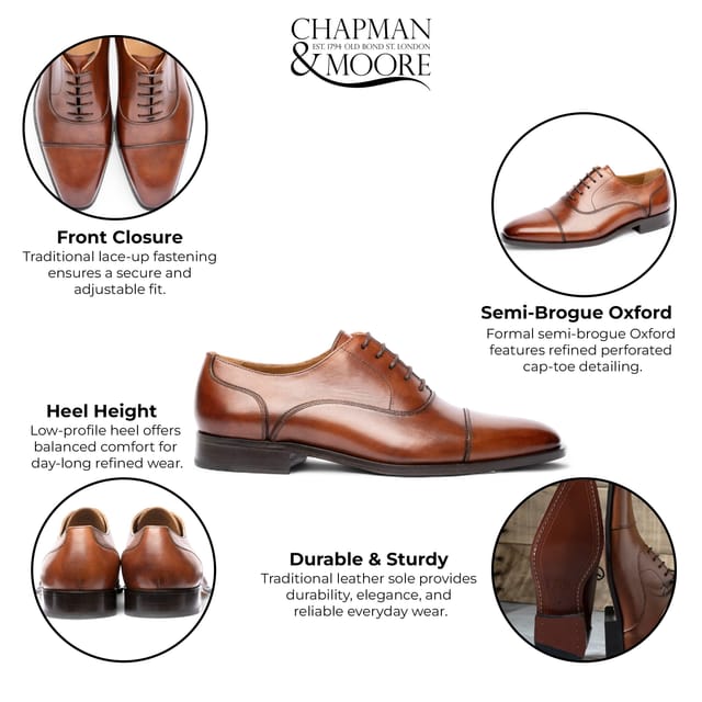 Chapman & Moore Chapman & Moore Men's Classic Plain Leather Brogue Cap-Toe Oxford Formal Dress Shoes in Brown - 3