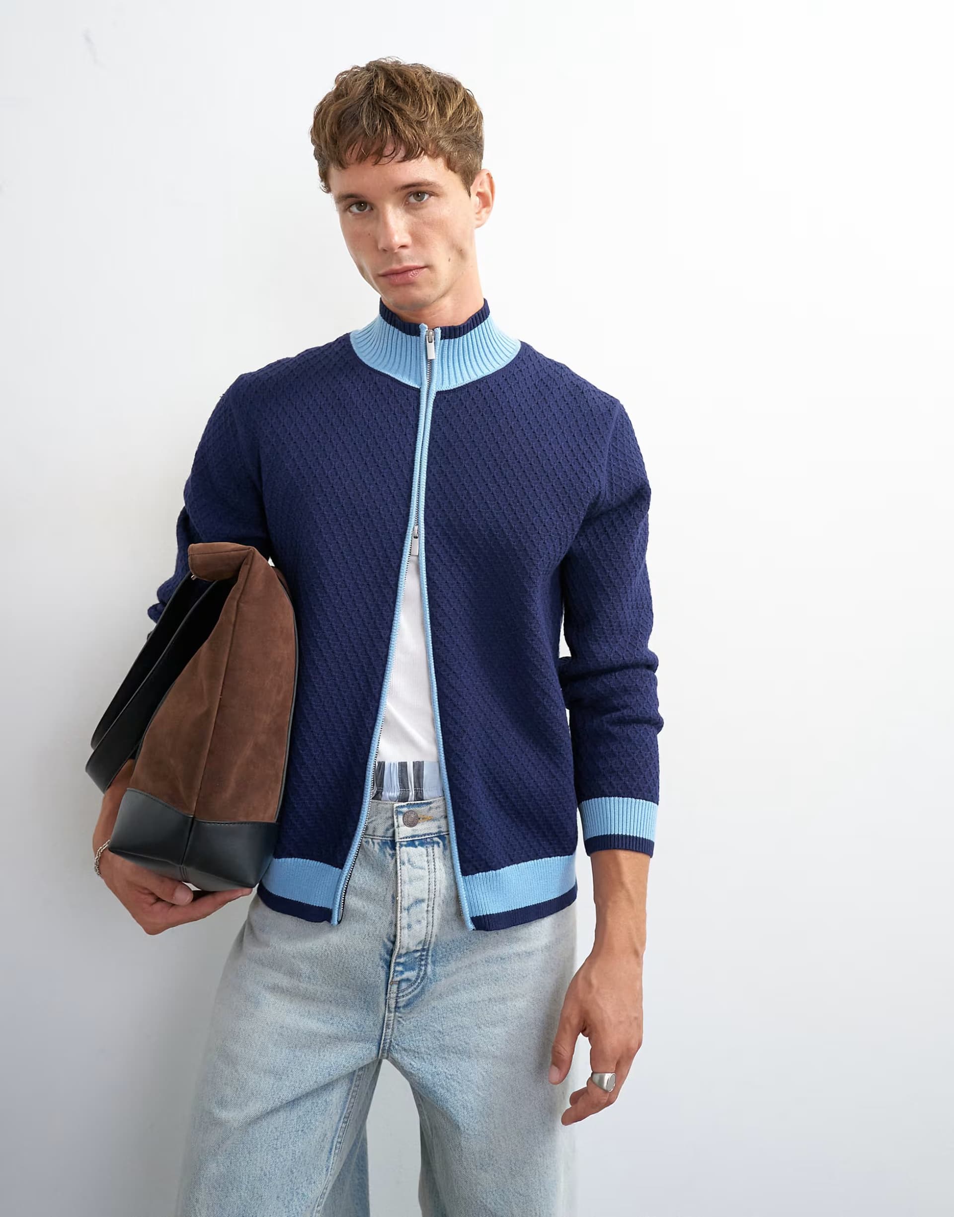 ASOS Topman regular fit knitted track cardigan in blue