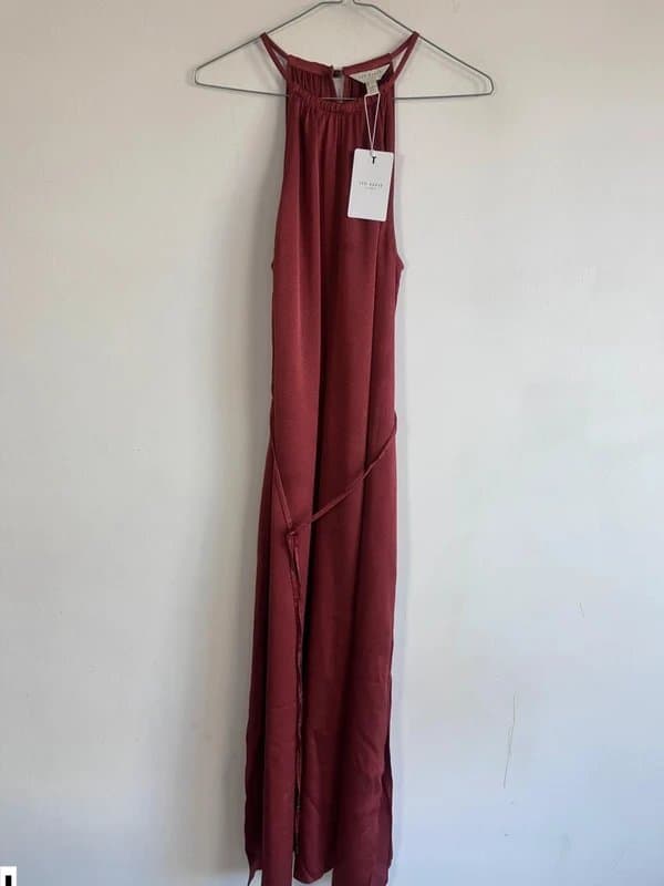 Ted Baker Ted baker 12 size 3 midi dress halterneck slip rust brown red £130 new hammered satin