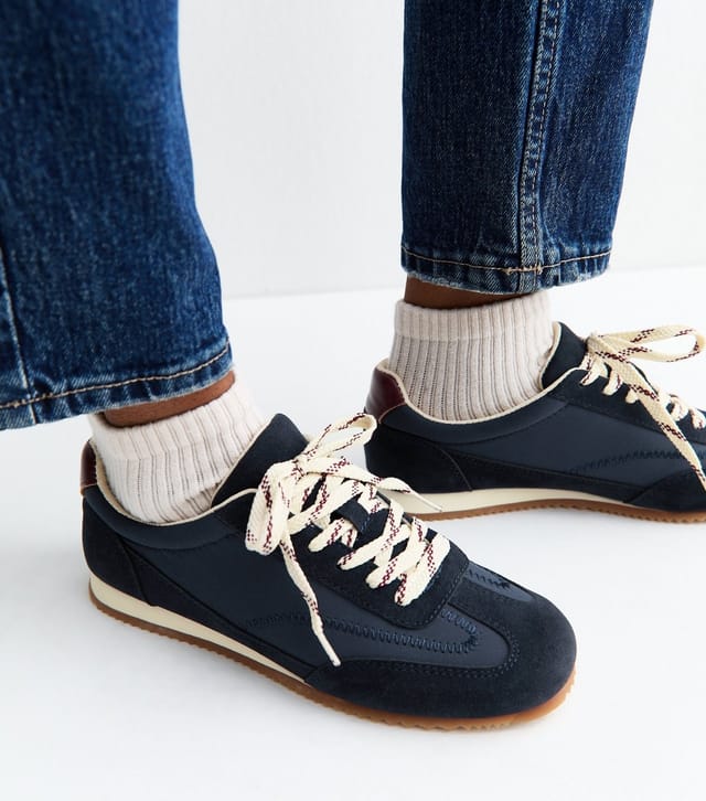 New Look Women's Navy Faux Suede Panelled Lace Up Trainers Vegan New Look - 2
