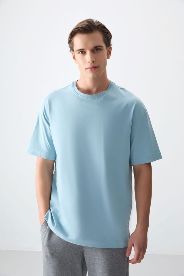 Tommy Life Tommy Life Men's Oversized Cotton Crew Neck T-Shirt in Baby Blue - 2