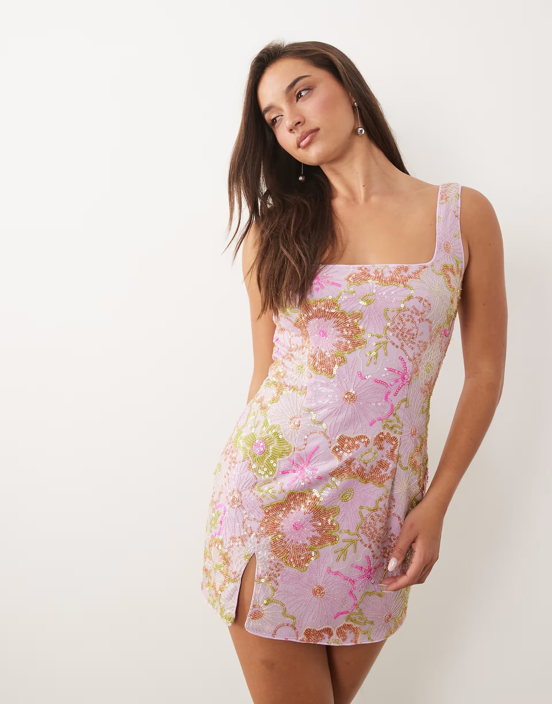 ASOS Missyempire sequin square neck side split mini dress in multi flower print