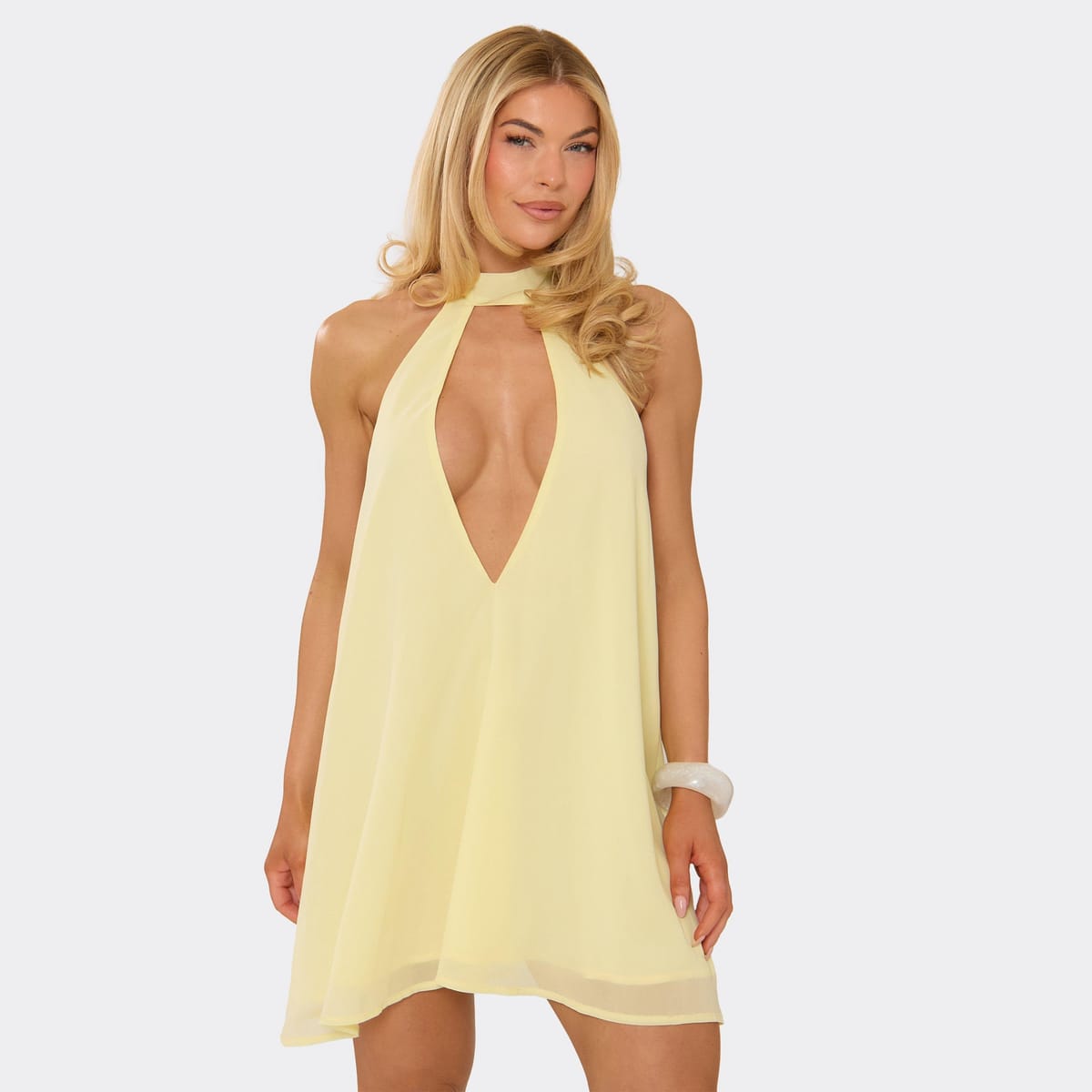 EGO High Neck Cut Out Plunge Front Open Back Floaty Mini Dress In Lemon, Women's Size UK 6 - 1