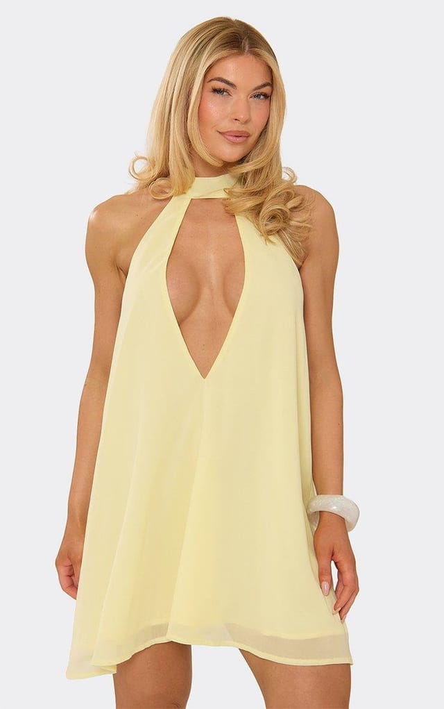 EGO High Neck Cut Out Plunge Front Open Back Floaty Mini Dress In Lemon, Women's Size UK 6 - 2