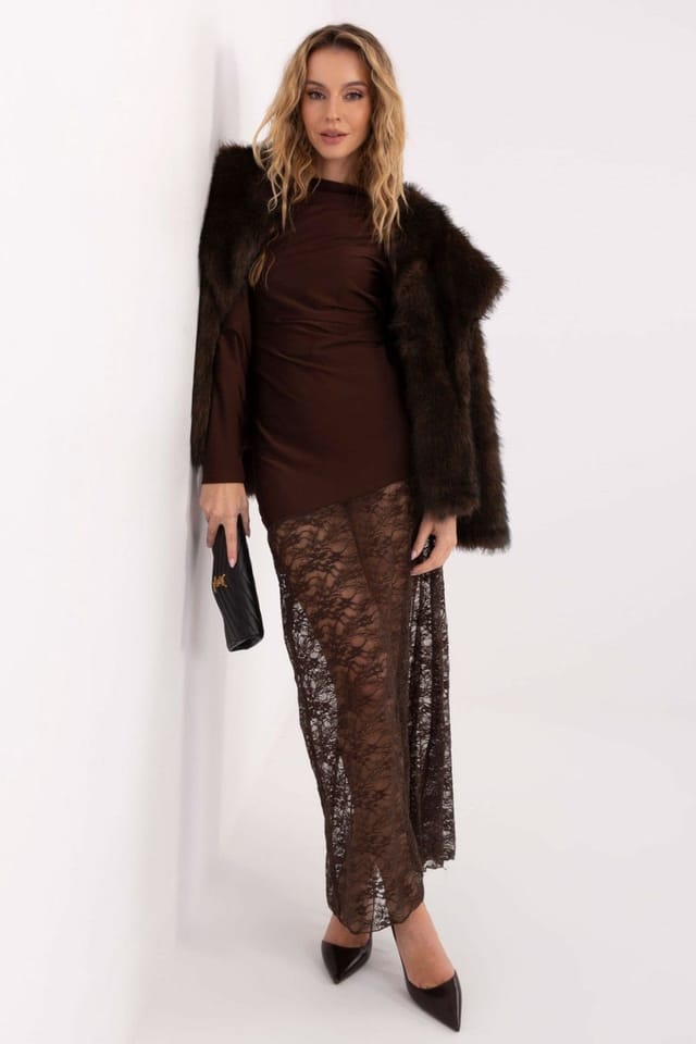 Love Lace Love Lace Women's Elegant Pencil Maxi Dress With Lace Ruching in Brown - 2