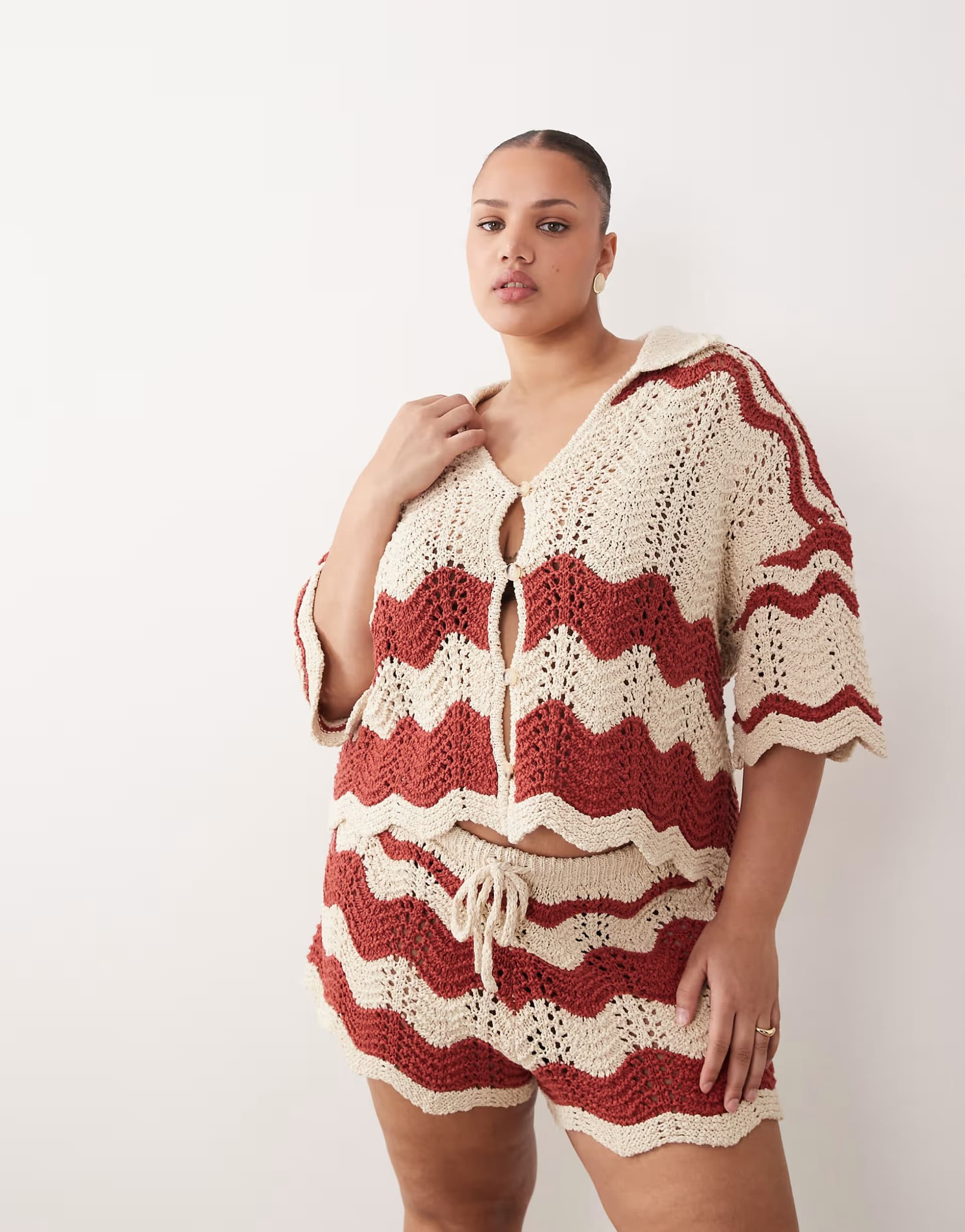 ASOS ARRANGE Curve stripe crochet top co ord in rust and beige
