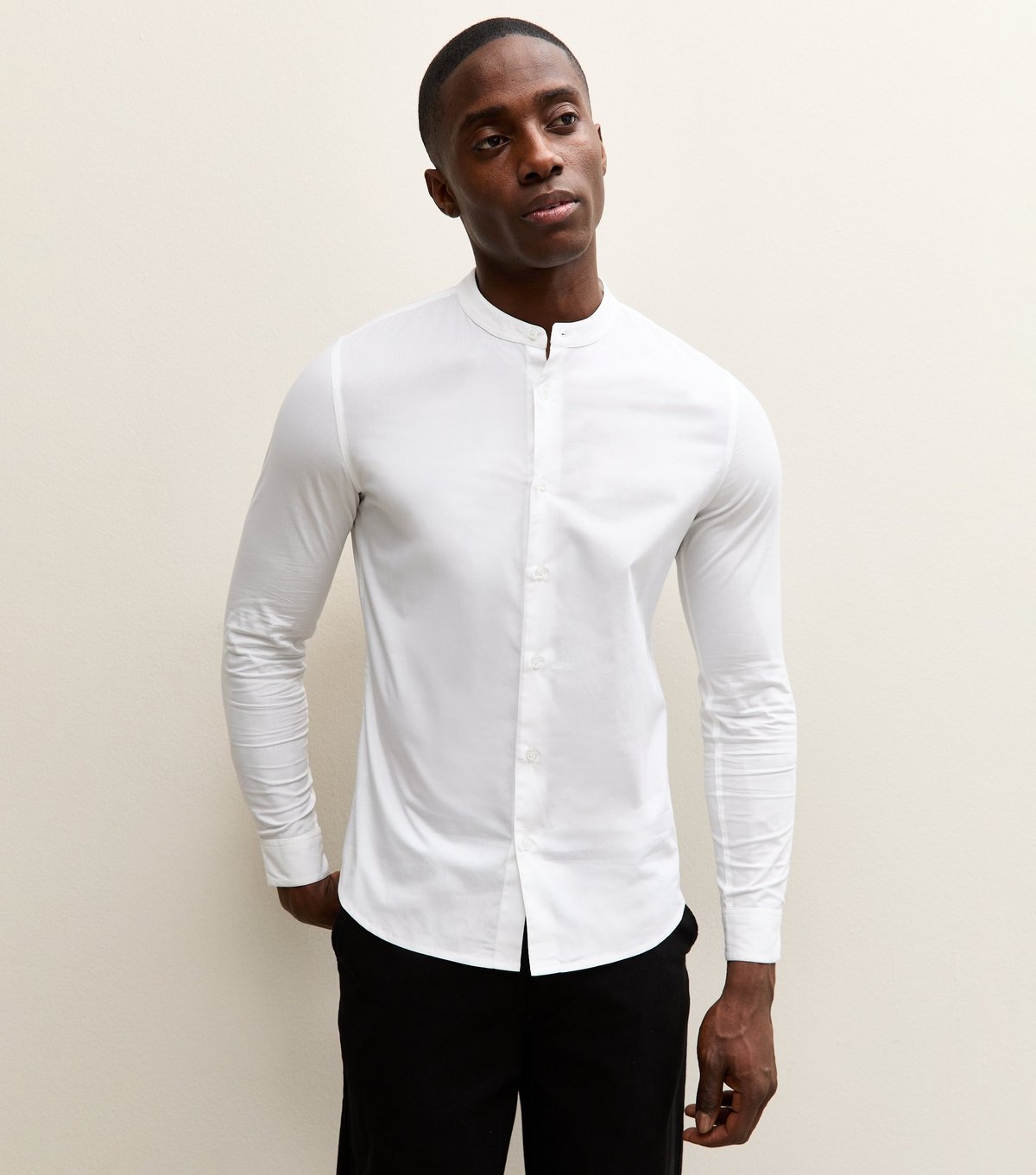 New Look Men's White Muscle Fit Cotton Poplin Grandad Shirt New Look - 2