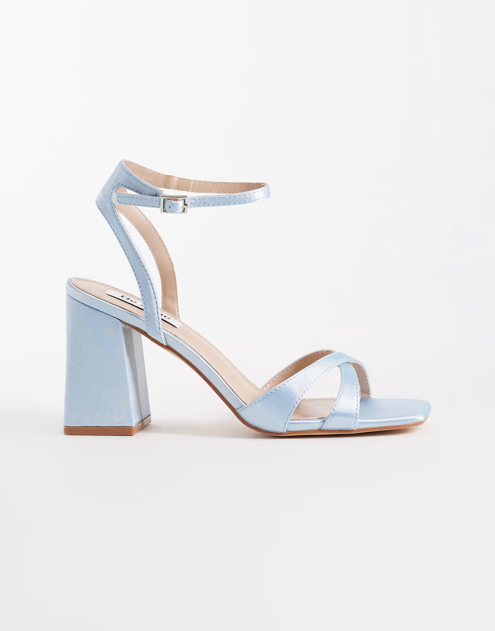 ASOS Be Mine Bridal Eshma block heeled sandals in blue satin