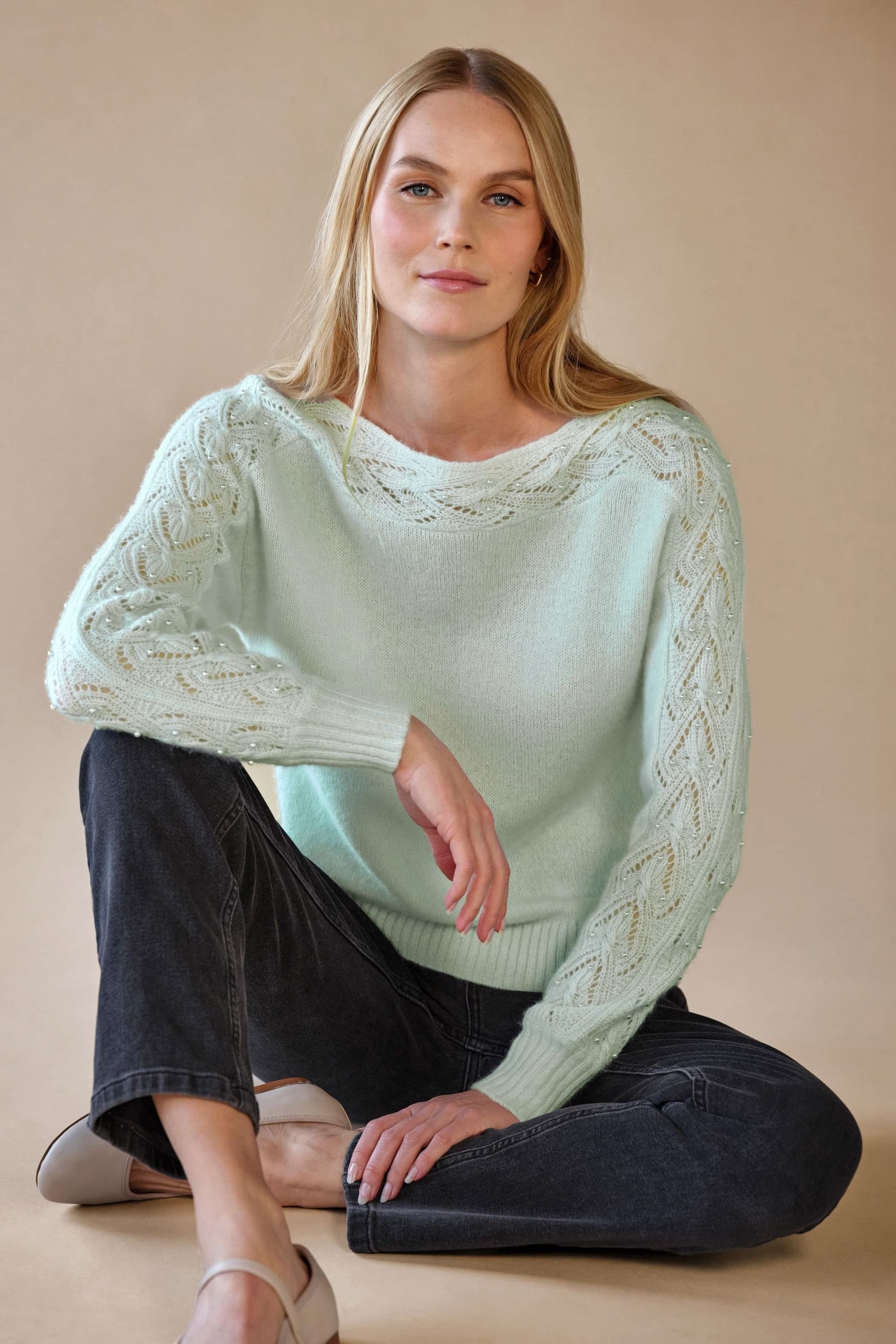 Pure Collection Pure Collection Women's Wool Cashmere Lace & Pearl Sleeve Sweater in Light Blue