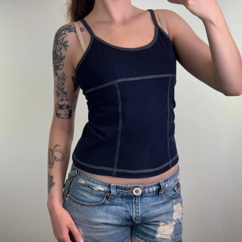 No Label Y2K vintage denim style stretchy cami top strappy contrast stitch sporty