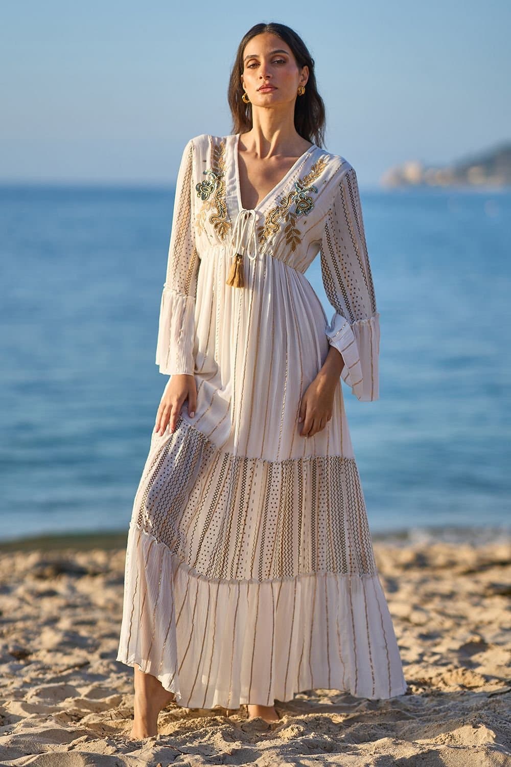 Yumi Yumi Women's White Metallic Embellished Maxi Dress With Long Sleeves