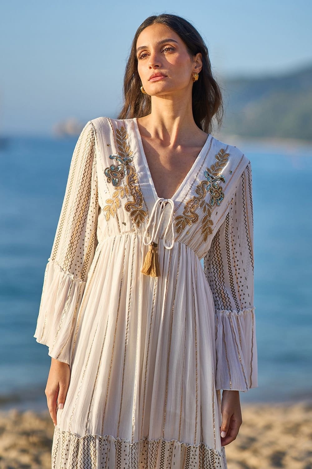 Yumi Yumi Women's White Metallic Embellished Maxi Dress With Long Sleeves - 4