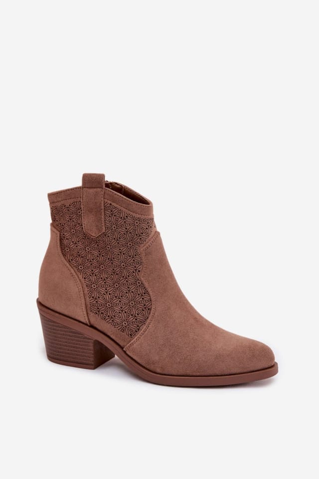 Love Lace Love Lace Women's Cowboy Ankle Heel Boots Suede Openwork Almond Toe Western in Brown - 2
