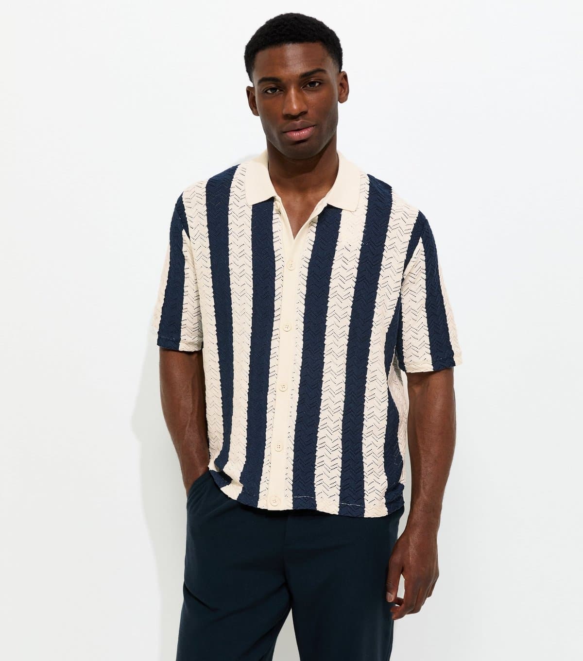 jack & jones Men's Off White Relaxed Striped Knit Polo Shirt Jack & Jones New Look