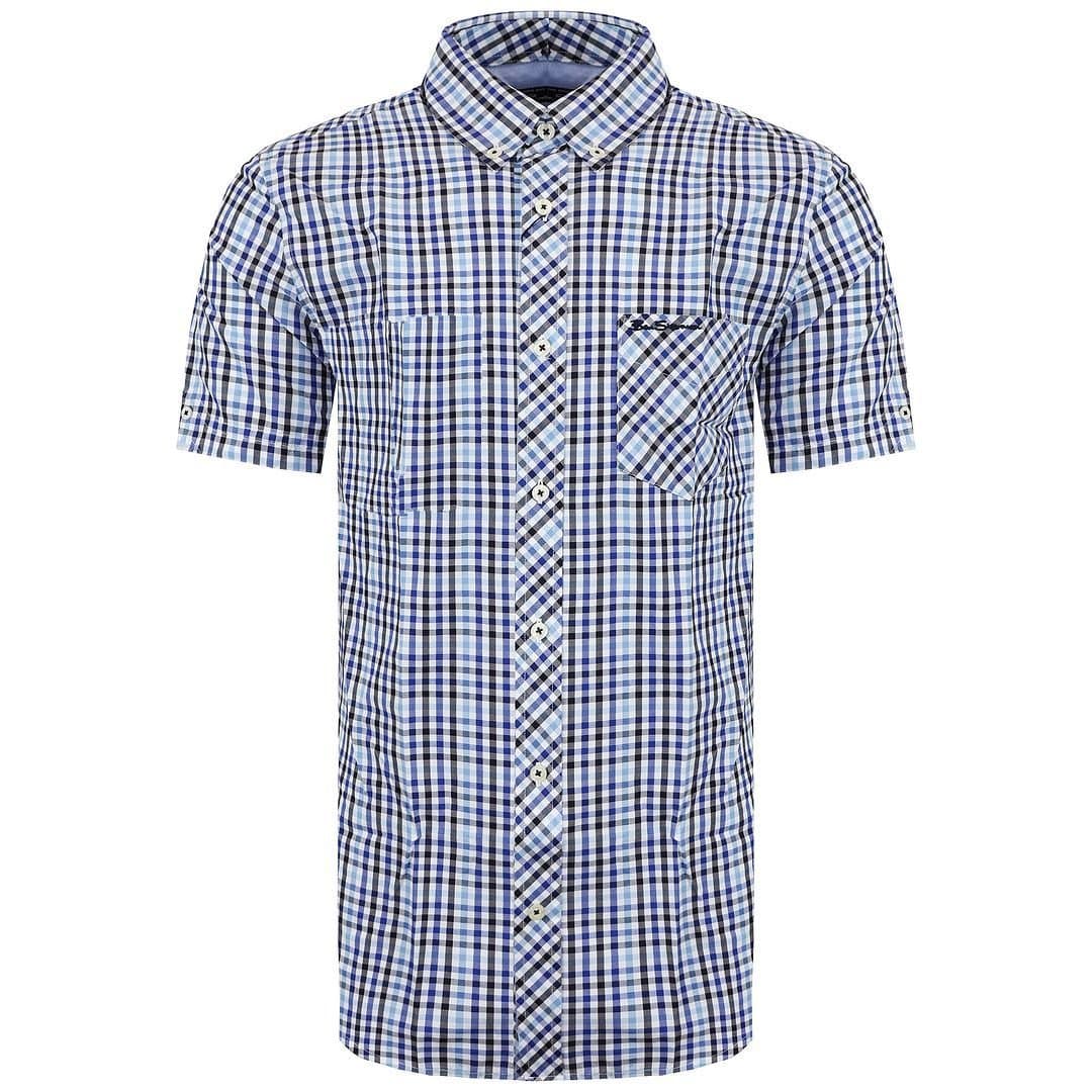 Ben Sherman Ben Sherman Men's Short Sleeve Collared Blue Checkered Shirt