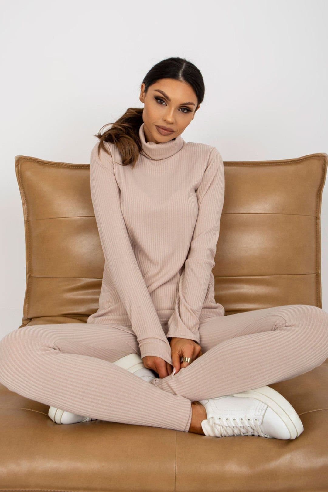 Love Lace Love Lace Women's Ribbed Turtleneck Long Sleeve Blouse in Beige