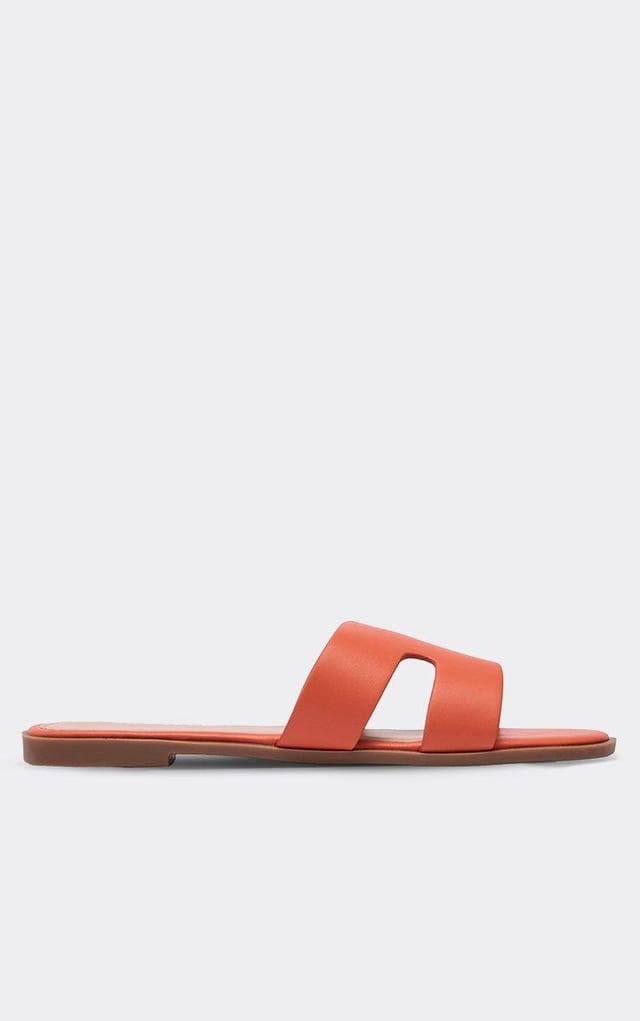 EGO Simone Cut Out Flat Slider Sandal In Orange Faux Leather, Women's Size UK 3 - 2