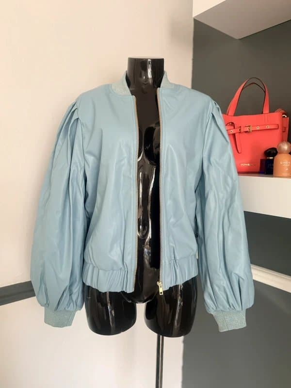 Asos luxe "ASOS Luxe" luxury faux leather puff sleeves bomber jacket in powder blue RRP £100