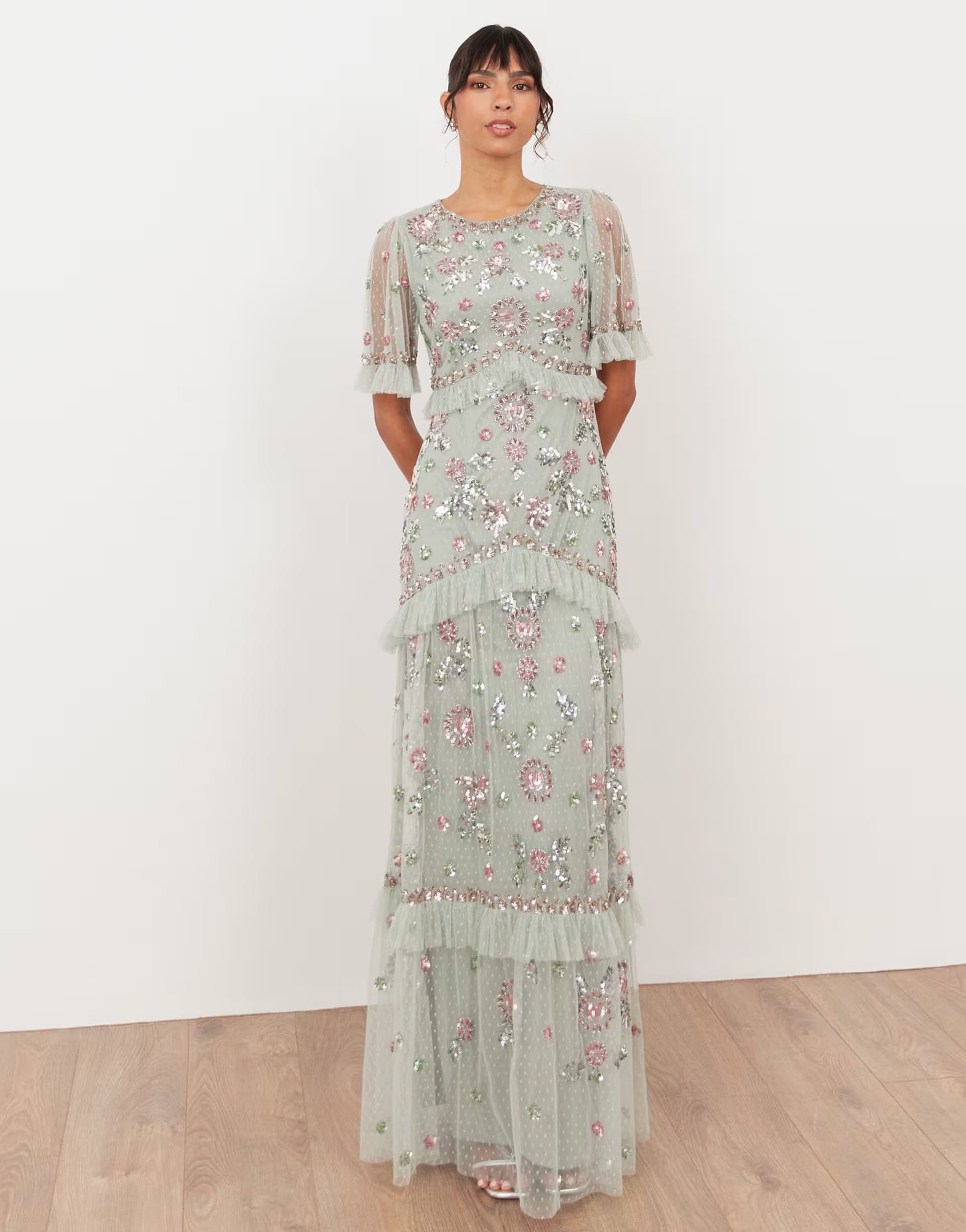 ASOS Maya Embellished short sleeve spot mesh maxi dress in sage green