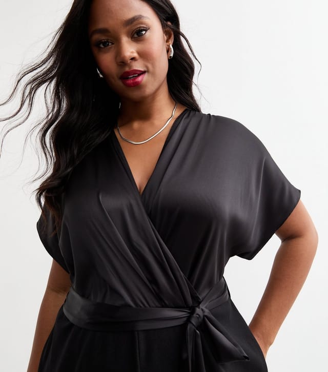 New Look Women's Plus Size Black Satin Scuba Wrap Jumpsuit Curves New Look - 2