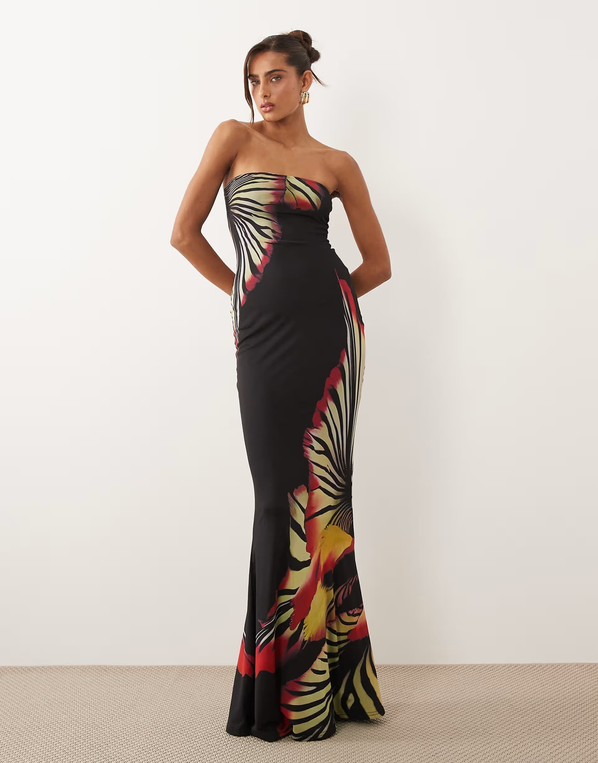 ASOS Murci mesh bandeau fishtail maxi dress in black and red flower print