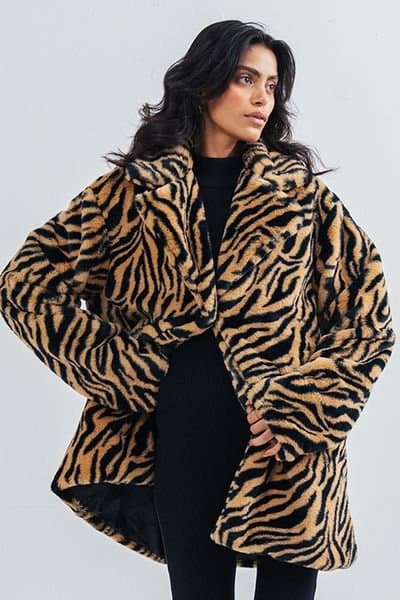 Urban Studio Urban Studio Women's Faux Fur Tiger Print Relaxed Fit Over coat in Brown