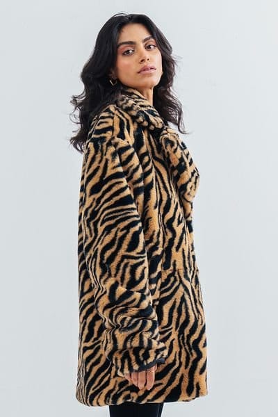 Urban Studio Urban Studio Women's Faux Fur Tiger Print Relaxed Fit Over coat in Brown - 2