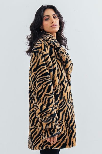 Urban Studio Urban Studio Women's Faux Fur Tiger Print Relaxed Fit Over coat in Brown - 3