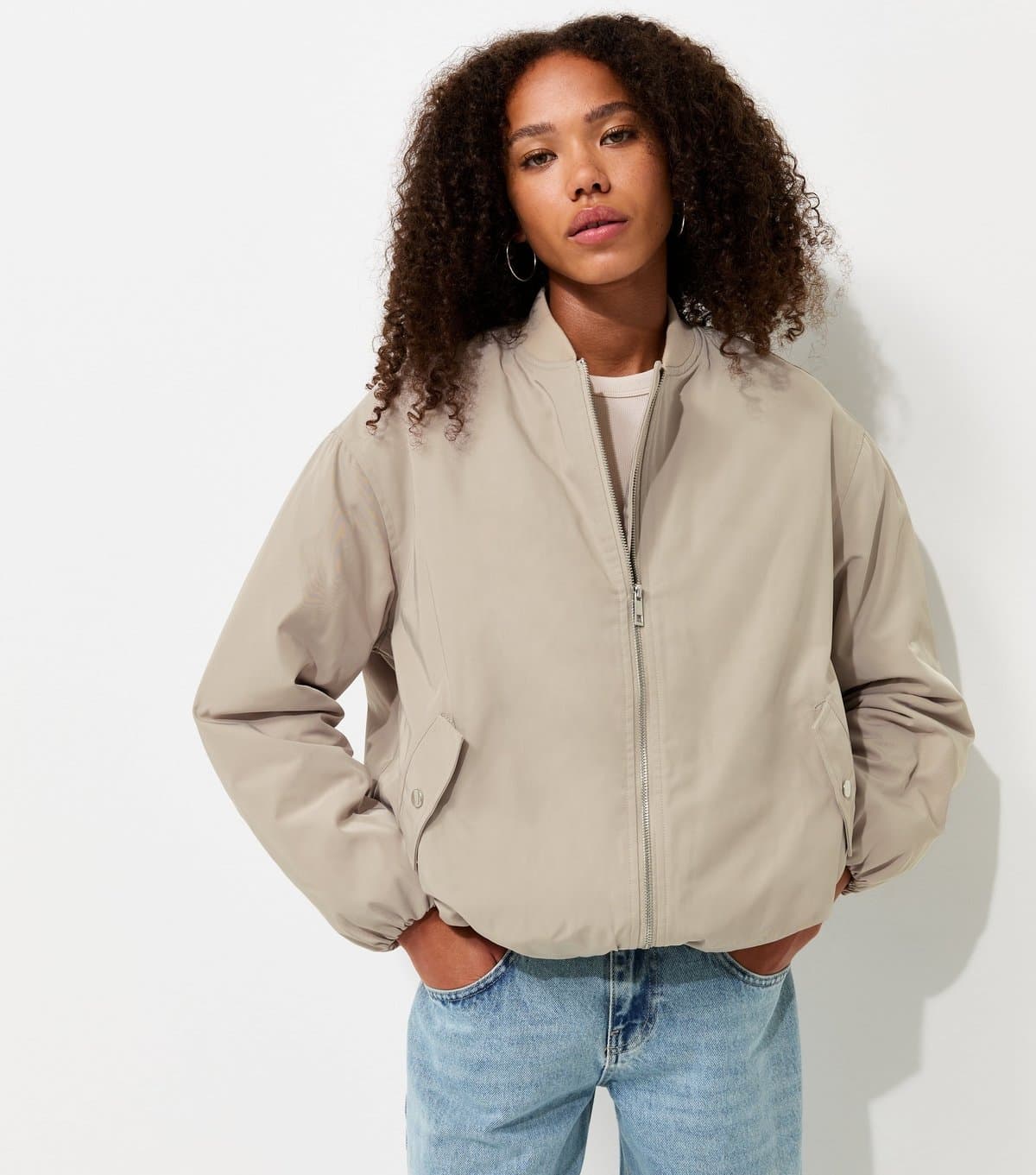 New Look Women's Stone Longline Padded Bomber Jacket New Look
