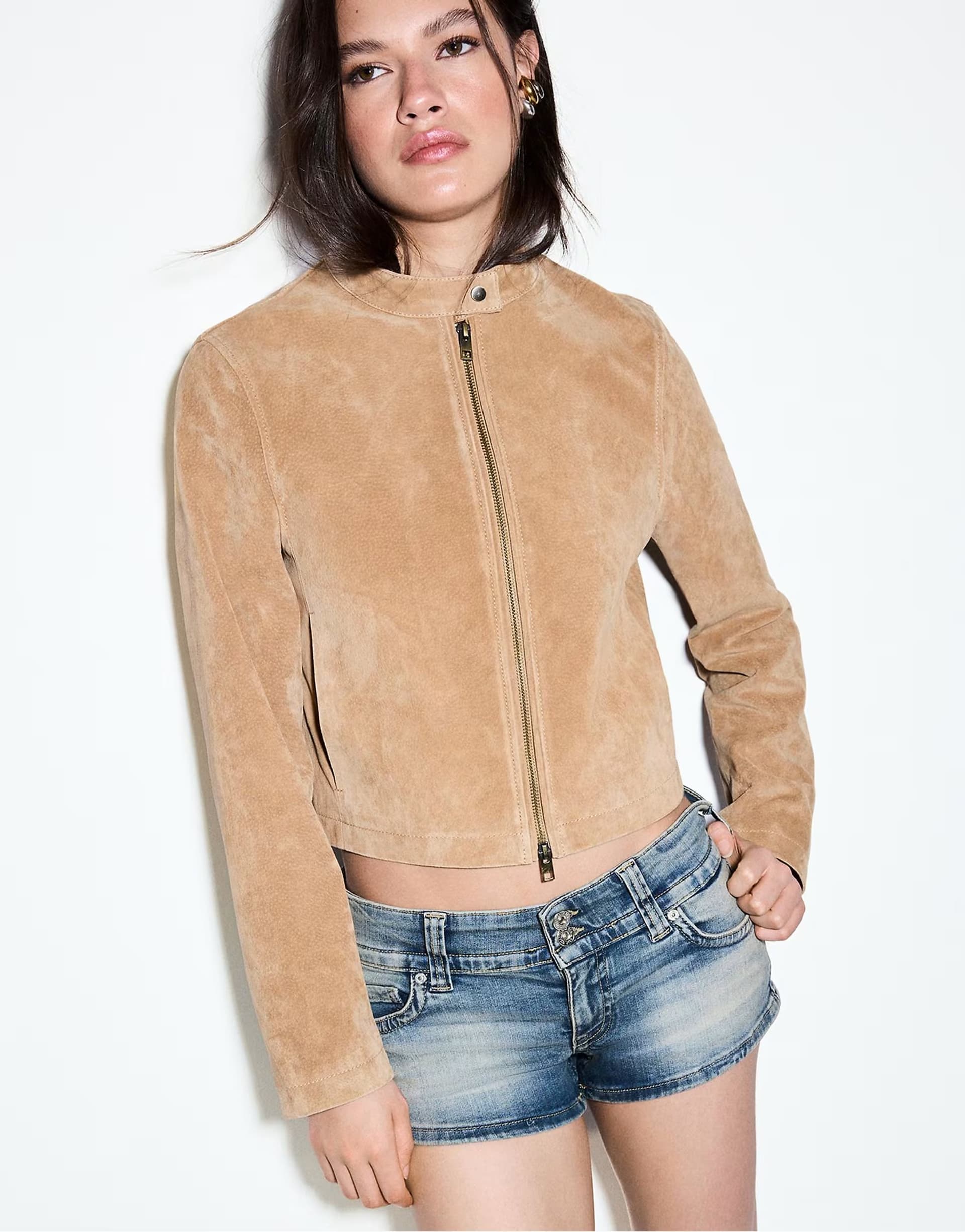 ASOS Stradivarius 100% leather biker jacket in stone