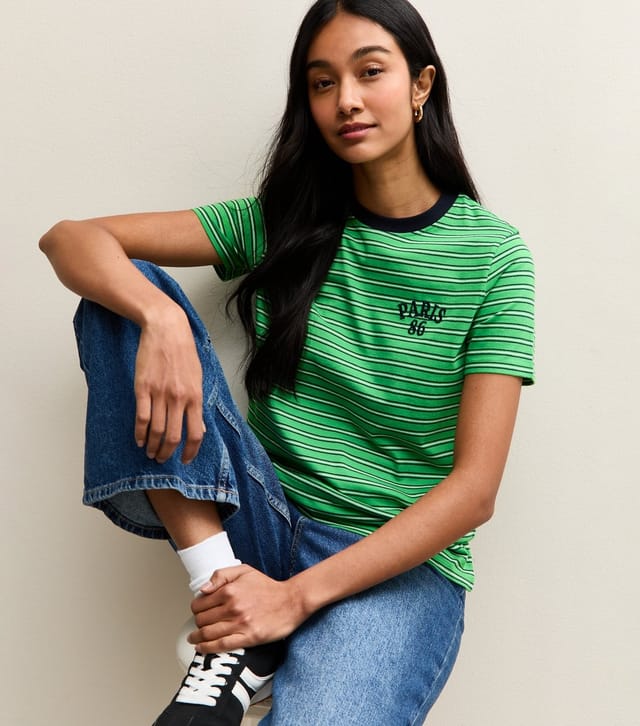 New Look Women's Green Cotton Striped Paris 86 Logo T-Shirt New Look - 2