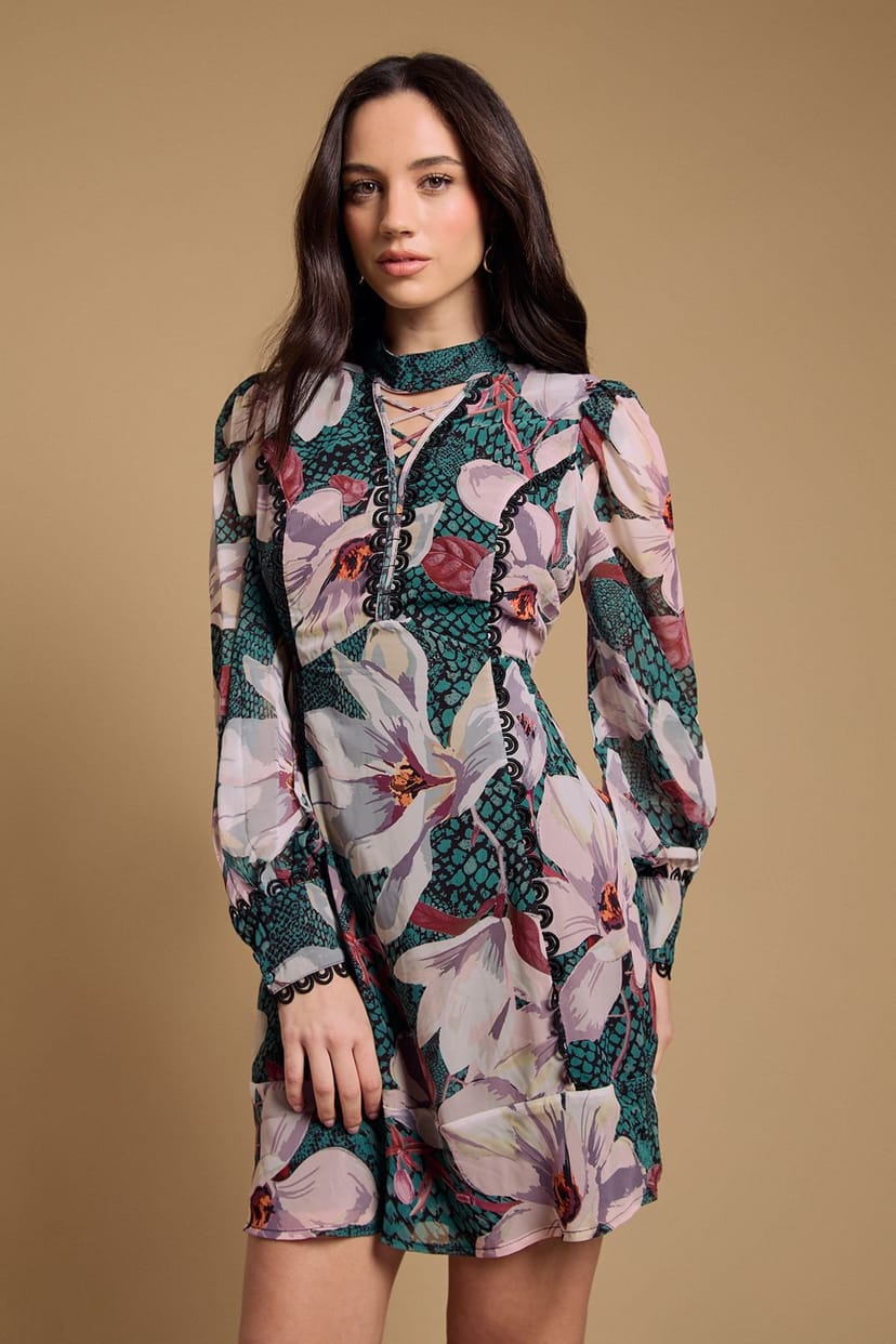 Oasis Oasis Women's Lace Up High Neck Long Sleeve Mini Dress - 1