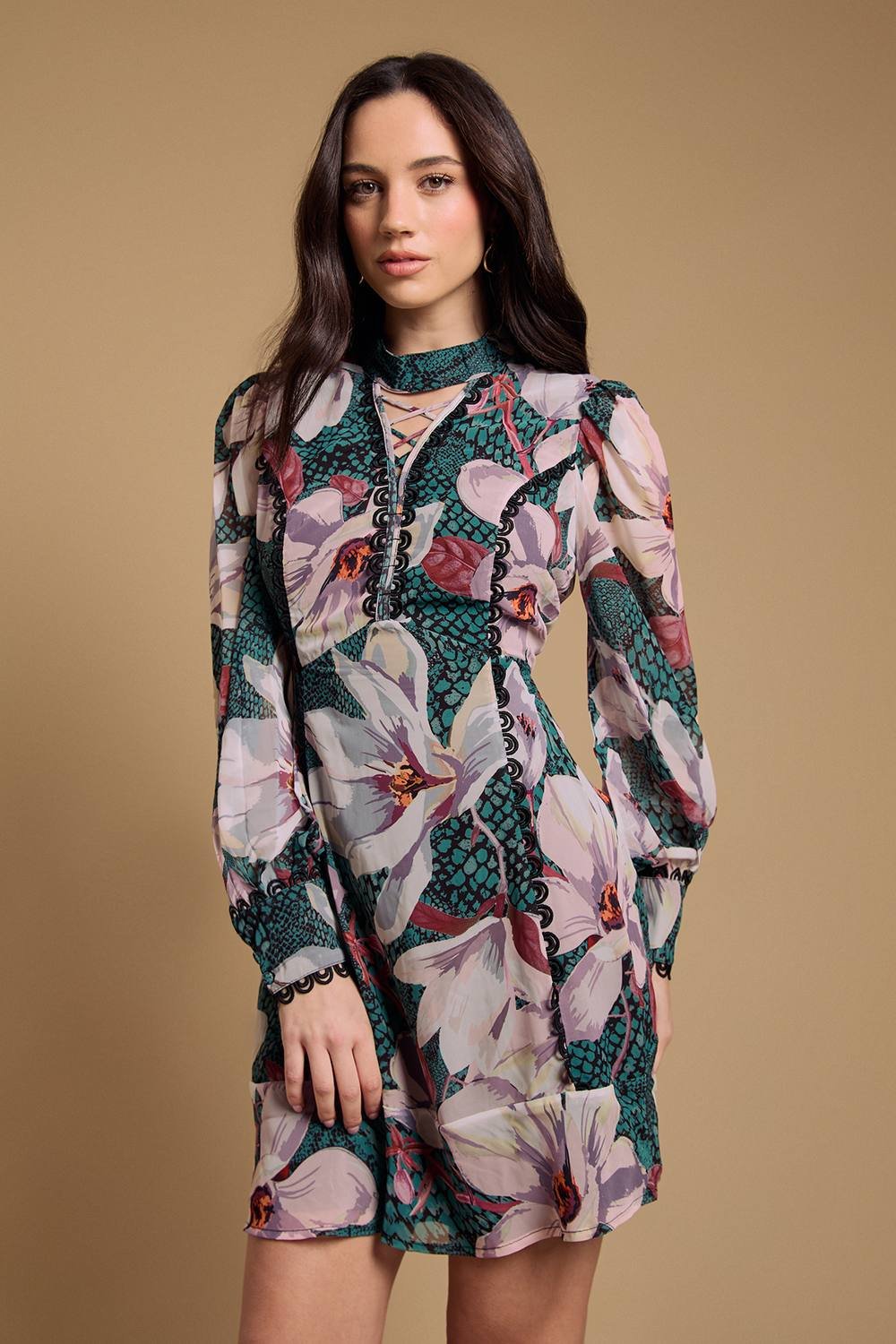 Oasis Oasis Women's Lace Up High Neck Long Sleeve Mini Dress - 2