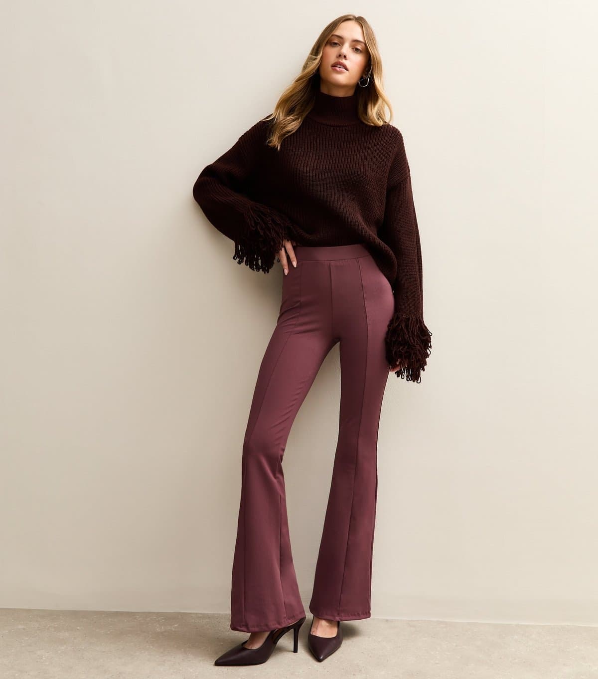 New Look Women's Dark Burgundy Flared Trousers New Look